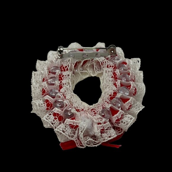 Handmade Cameo Brooch Acrylic Lace Red Bow Beaded Pin - Picture 5 of 6